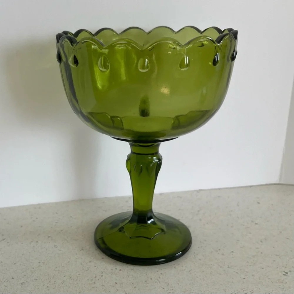 Vintage Pedestal Olive Green Indiana Glass Compote Candy Dish Bowl 7.5” X 5.5”